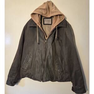 COLUMBIA Faux Leather Brown Jacket Zip In Tan Hoodie Mens L Grunge Moto Vegan
